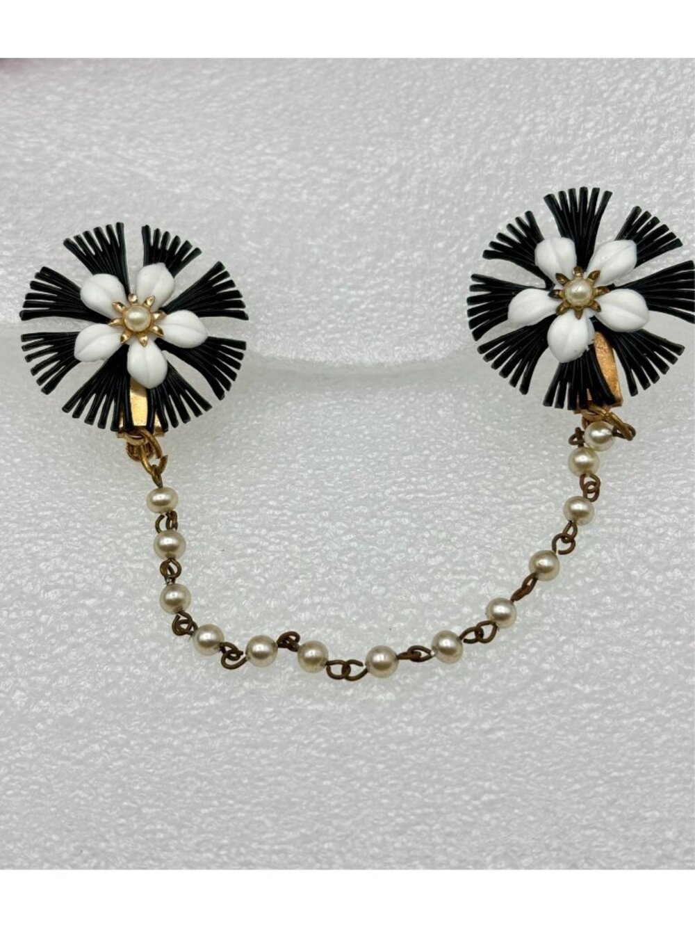 1950s Black & White Celluloid Daisy Pearl Sweater Guard Grips-RARE